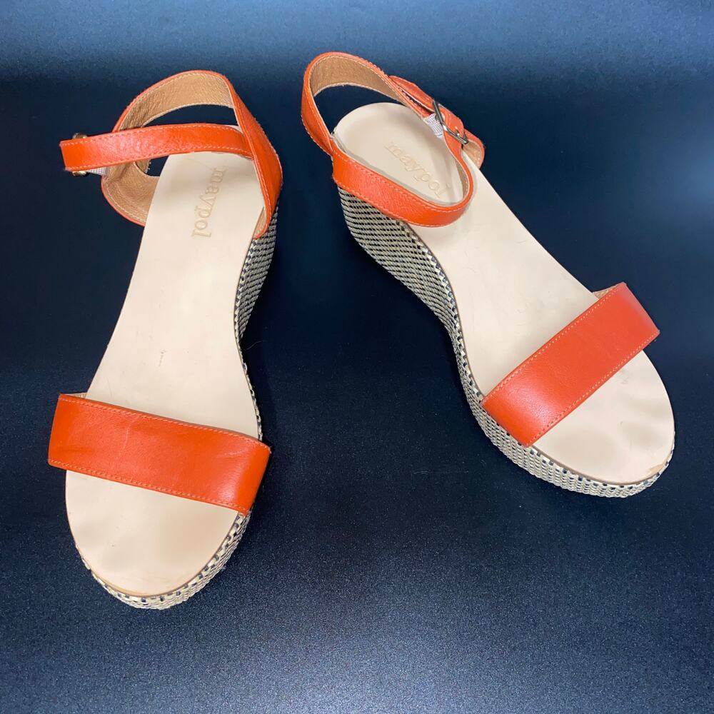 Maypol Brown Leather Woven Wedge Heels Platform Sandals Women's Size 38 US 7.5 - Picture 1 of 9